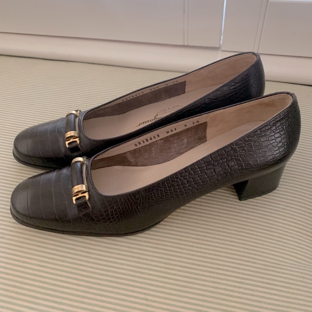 Salvatore Ferragamo Croc Chocolate Brown Leather Shoes Heels size 9 Vintage - Picture 8 of 15